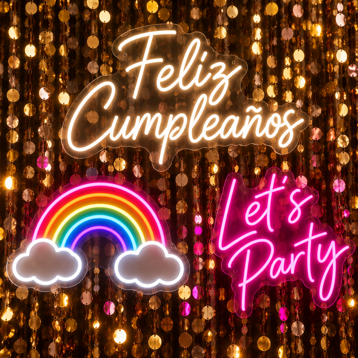 Carteles LED: Feliz Cumpleaños, arcoíris y Let's Party