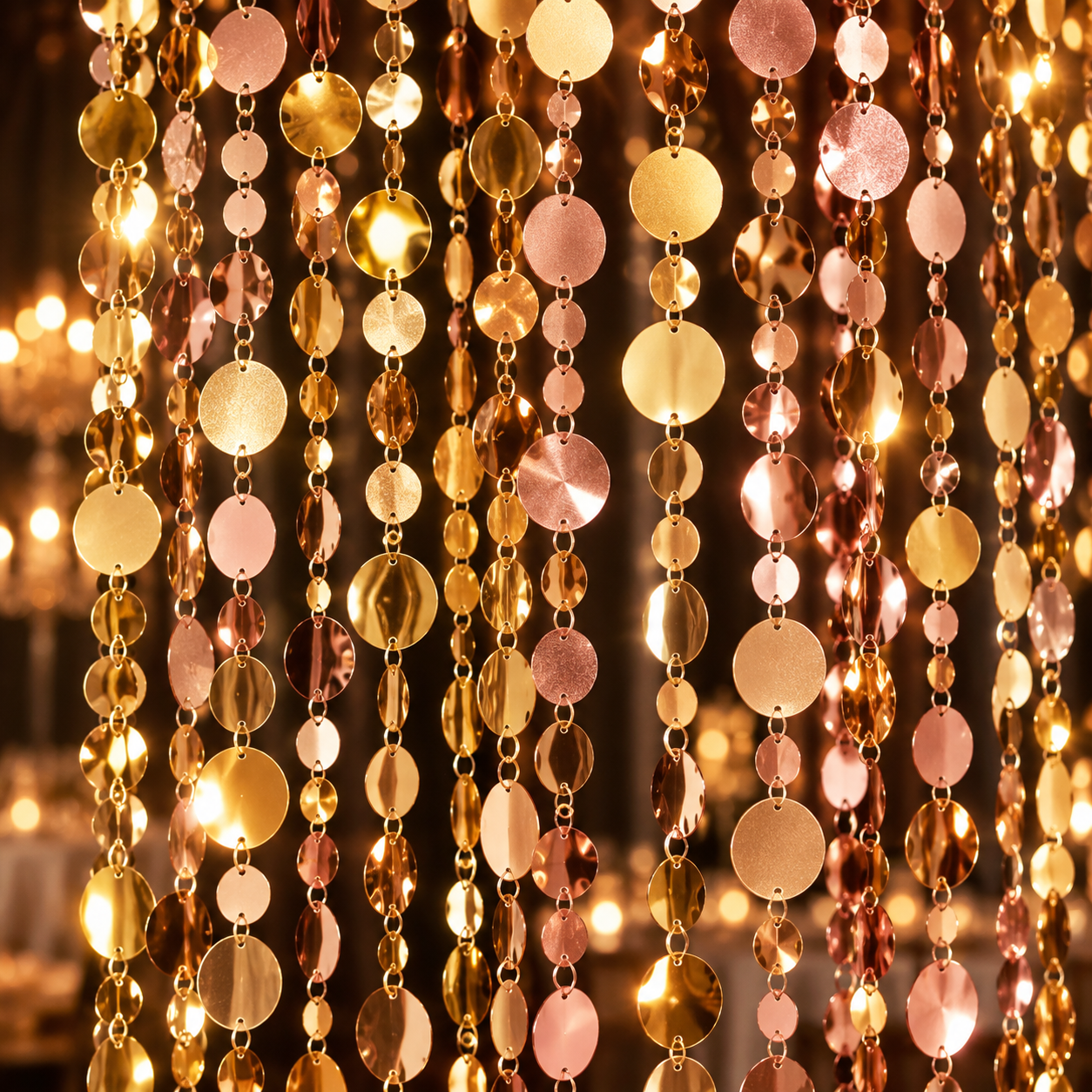 Cortinas de lentejuelas doradas y rose gold